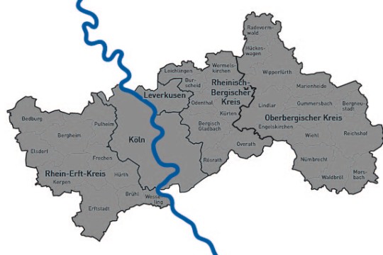 Landkarten der Regionen: Köln, Rhein-Erft-Kreis, Rheinisch-Bergischer-Kreis, Oberbergischer Kreis, Leverkusen