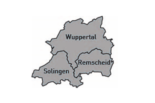 Landkarte der Regionen Wuppertal, Solingen und Remscheid
