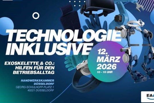 Das Bild zeigt ein Exoskelett, eine VR-Brille und weitere Technologien. In weißer Schrift steht: Technologie Inklusive. Exoskelette & Co.: Hilfen für den Betriebsalltag