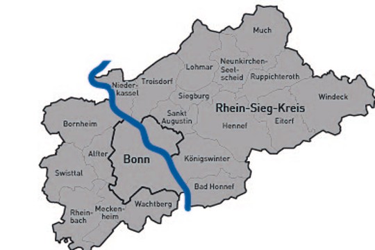 Die Landkarte zeigt die Regionen Bonn und Rhein-Sieg-Kreis