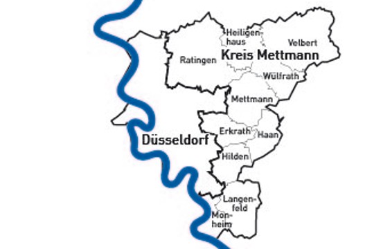 Die Landkarte zeigt die Regionen Düsseldorf und Kreis Mettmann