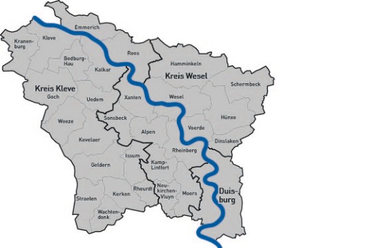 Die Landkarte zeigt die Regionen Kreis Kleve und Kreis Wesel