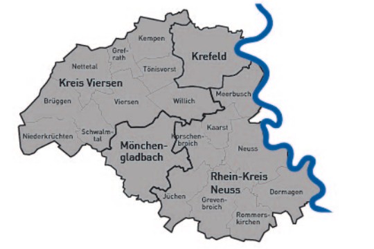 Die Landkarte zeigt die Regionen Kreis Viersen, Mönchengladbach und Rhein-Kreis-Neuss