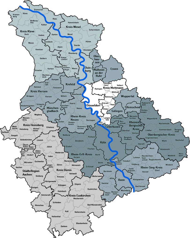 Die Landkarte stellt die acht Regionen der EAA im Rheinland da. 