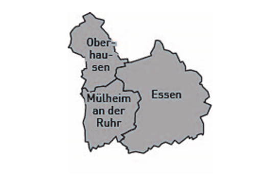 Die Landkarte zeigt die Regionen Mühlheim, Essen und Oberhausen