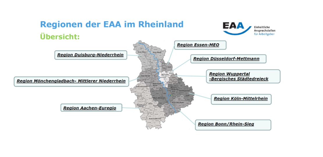 Die Rheinlandkarte ist in 8 Regionen eingeteilt. Die einzlenen Regionen sind namentlich genannt. 